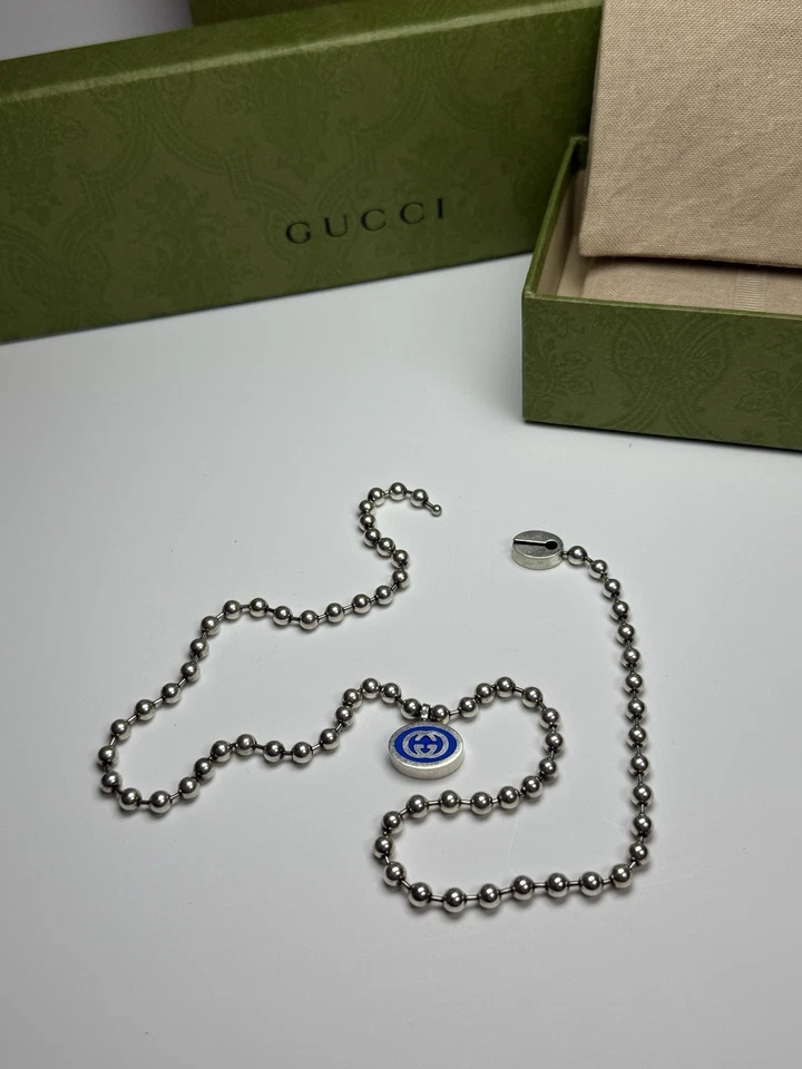 Gucci 925 Sterling Silver Ball Link Necklace Blue Enamel Interlocking G NIB - Image 2 of 4