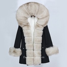 Womens Real Fox Fur Collar Hood Detachable Fox Fur Lined Mid Long Coat Parka New