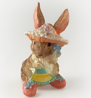 Vintage Resin Easter Bunny Rabbit Figurine Flower Hat & Holding A Fan 5.5  Tall