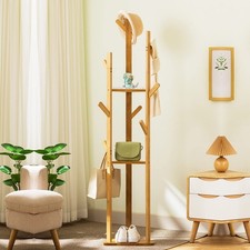 Wooden 10 Hooks Coat Hat Hanger Stand Floor Standing Clothes Bags Umbrella Rack