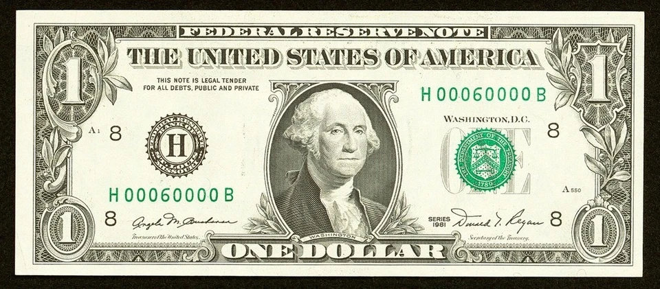 BINARY "Sixty Thousand" # 00060000 series 1981 $1 = Uncirculated = non star - Image 2 of 3