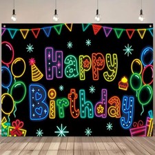 ActFirst Neon Happy Birthday Banner - Colorful glowing party decorations with ba