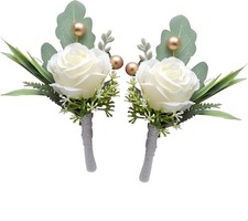 2Pcs Roses Boutonniere for Men Wedding, Groom Groomsman Artificial White Rose...