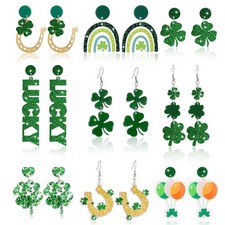 9 Pairs St Patricks Day Earrings for Women Green Shamrock Clover Acylic Dangl...