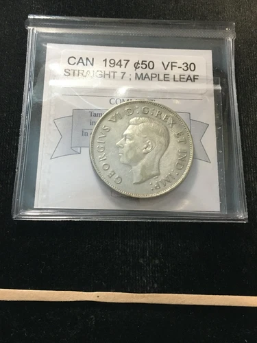 1947 Straight 7; Maple Leaf  Coin Mart Graded Canadian, Fifty-Cent Coin *VF-30*