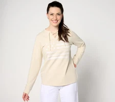 Denim & Co. Women's Top Sz L Active Americana Flag French Terry White A648427