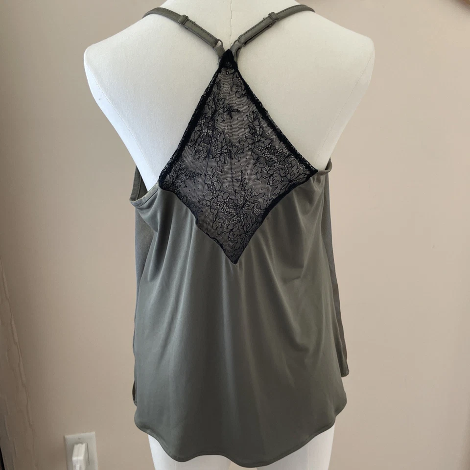 Y2K Satin Cami Tank Top Women's M Olive with Black Lace Trim Whimsigoth Vamp - Image 4 of 4