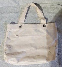 Beige Canvas Zipper Tote Bag with Double Handles Outer Pockets for Women NEW