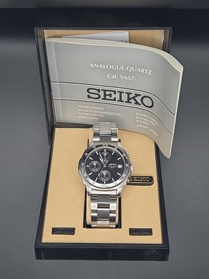 Seiko 40mm V657-9010 Chronograph Date Black Dial All SS WR Japan