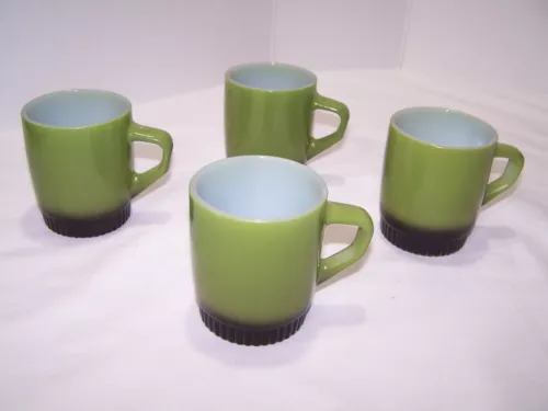 Vintage Set of 4 Avocado Green Fire King Anchor Hocking Stacking Coffee Cups/Mug