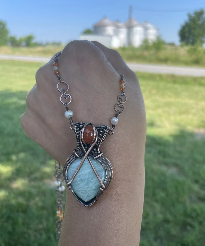 Precioso collar hecho a mano de amazonita y cornalina con perlas Foto 3 de 4
