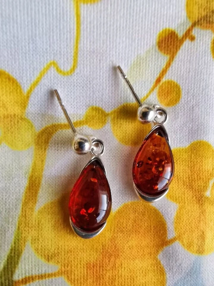 Red UNIQUE Natural Authentic BALTIC AMBER 925 Sterling Silver Drop Earring Gift - Image 2 of 4
