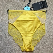 M&S Size 14 Autograph Brazilian Knickers Graphic Floral Lace With Satin Yellow