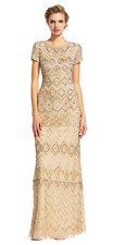ADRIANNA PAPELL Beige Gold Diamond Sequin Beaded Embellished Mesh Maxi Gown 4