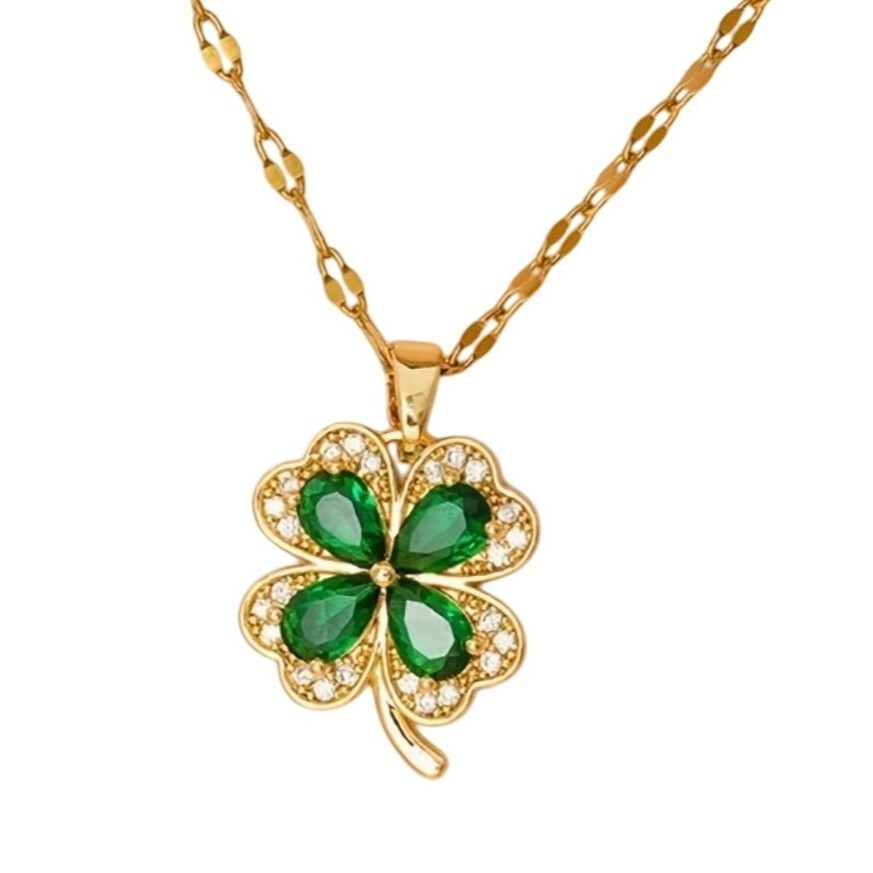 Green Crystal Four Leaf Clover Necklace in Gold Tone-image