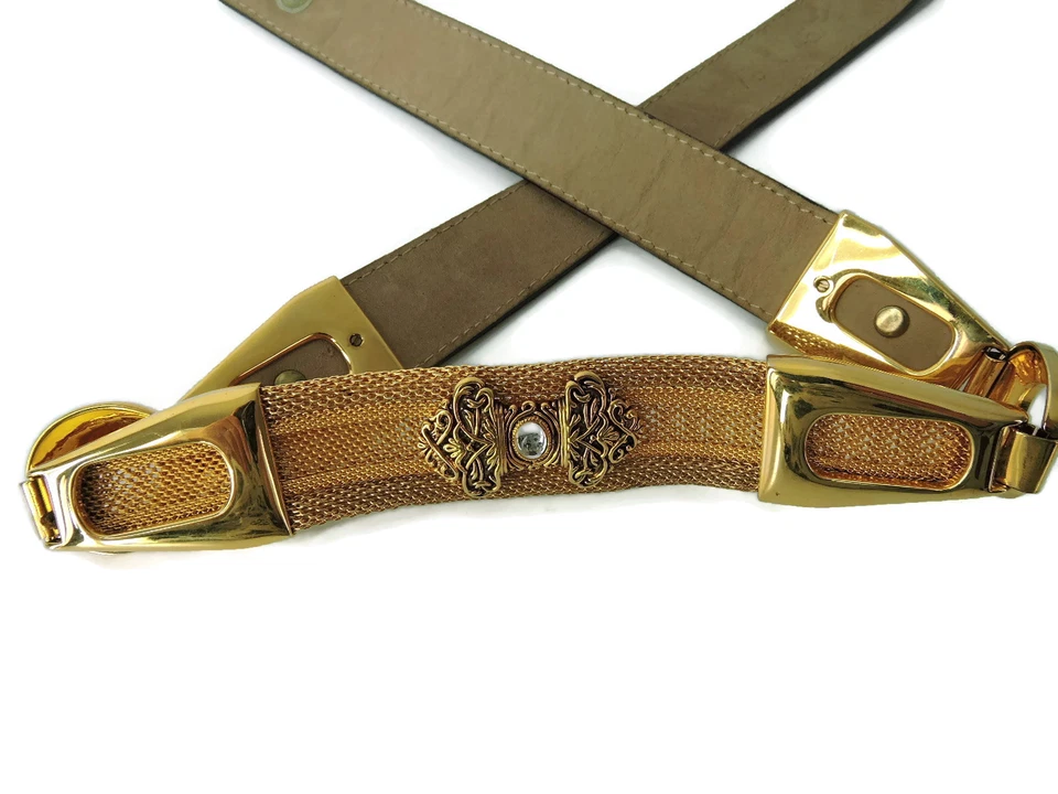 BB Simon Belt Gold-tone Mesh Metal Chain filigree Crystal Black Leather Size M - Image 3 of 4