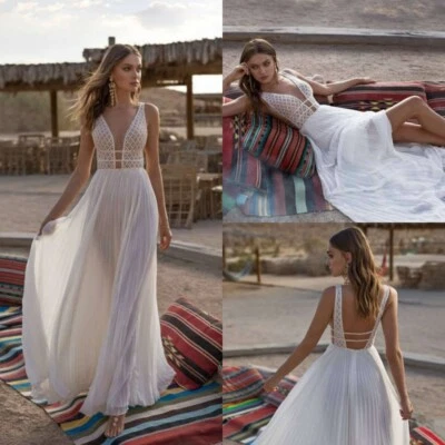 Boho Brautkleid Hochzeitskleid V-Ausschnitt Leckage Zurück Weiß Ivory 38 40 42 - Bild 1 von 4