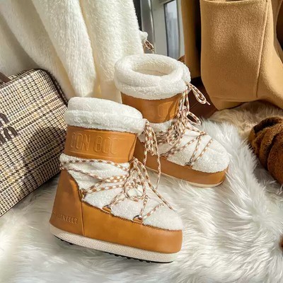 Moon Boot Women's Ski Shoes Warm Non-slip Lace-up Snow Boots