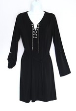 MICHAEL KORS Roll Tab Sash Belt Stretch Knit Dress Laced Up Metal Chain V-neck S