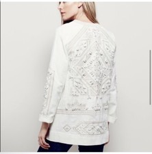 Free People Cream Color embroidered open front jacket OVERSIZED Size Small