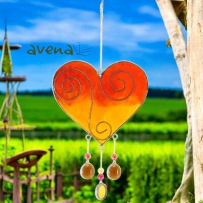 Orange Heart Suncatcher Colourful Light Refracting Window Home Garden Decor