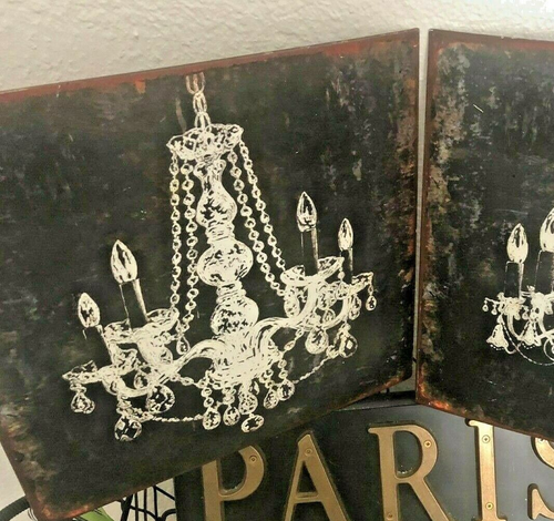 CREATIVE CO-OP Black Tin WALL Plaque CHANDELIER 12" SQ Rusty Cottage Chic SIGN