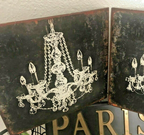 CREATIVE CO-OP Black Tin WALL Plaque CHANDELIER 12" SQ Rusty Cottage Chic SIGN - Picture 1 of 10