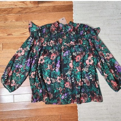 Cato Sheer Top 18/20W Multicolor Floral Smocked Ruffle Bohemian Prairie Peasant