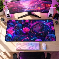 Neon Cyberpunk Astronaut Girl Desk Mat Floral Skulls Space Wallpaper Mouse Pad