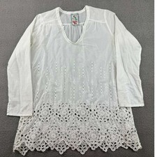 Johnny Was Tunic Top Women S White Sheer Eyelet Embroidery Scallop Hem V Neck