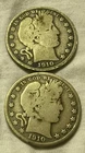 BARBER HALF DOLLARS = 2 DIFFERENT ==1910 & 1910 S = 90% SILVER = LOW MINTAGE