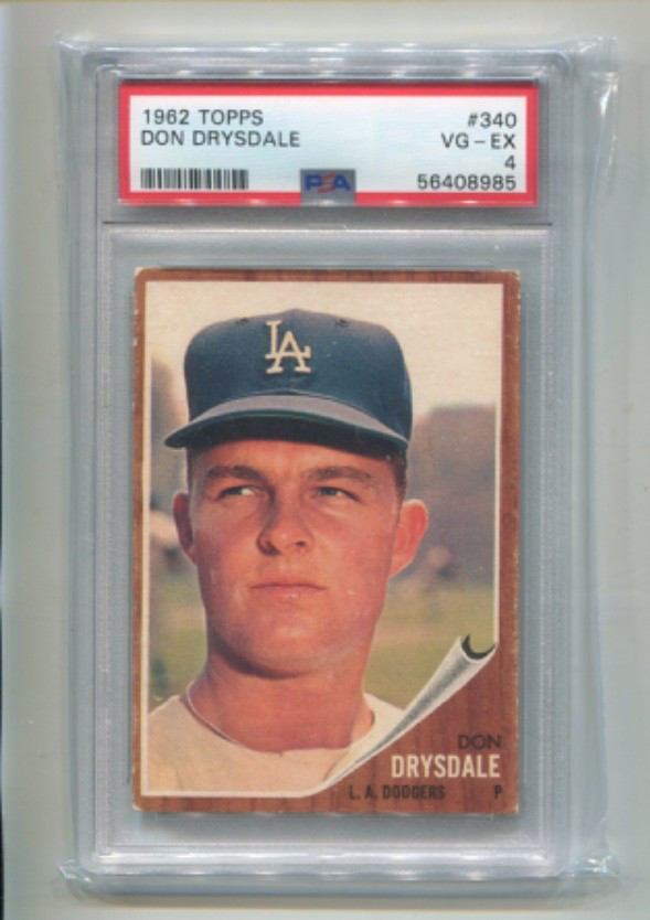 1962 Topps - DON DRYSDALE - Card #340 - LOS ANGELES DODGERS PSA 4