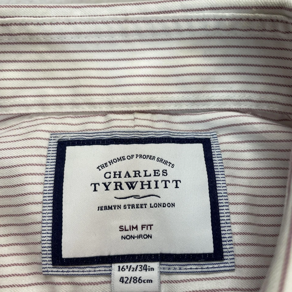 Camisa Charles Tyrwhitt Para Hombres 16.5 34 Blanco Rojo Rayas Calce Ajustado Sin Hierro Vestido Foto 4 de 4