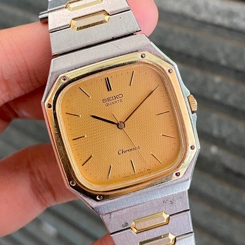 Rare Seiko Chronos Quartz 7731-5130 Square Oak Style Gold Dial Two Tone Watch