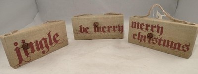 Christmas Burlap 3 Signs Ornament Merry Christmas Jingle Be Merry 6'' X 3'' Rustic