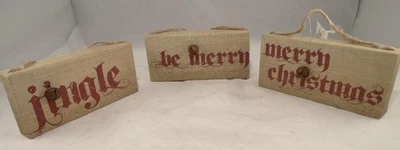 Christmas Burlap 3 Signs Ornament Merry Christmas Jingle Be Merry 6" X 3" Rustic - Image 1 of 4