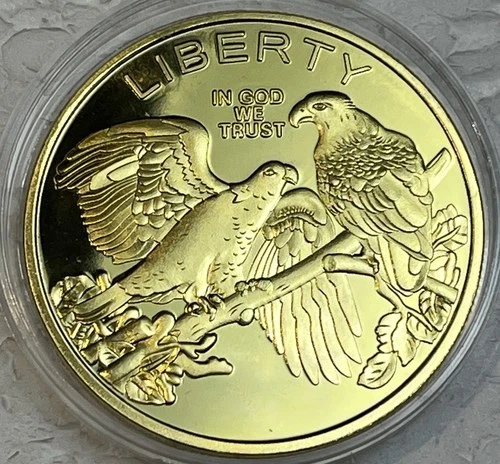 American Bald Eagles, Symbol Of Liberty Gold Layered Coin 38mm, 24 Grams
