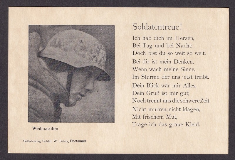 German WWII Original Postcard Christmas Poem Military Soldier Wearing Helmet