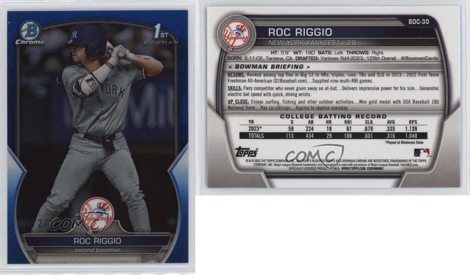 2023 Bowman Draft Chrome Blue Refractor /150 Roc Riggio #BDC-30 - Image 3 of 3