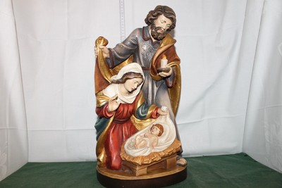 Geschnitzte massive Blockkrippe ''HEILIGE NACHT'' aus Südtirol farbig gefaßt 45 cm