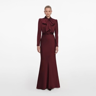 Self portrait BURGUNDY TIE NECK SATIN DRESS $ 780 Size US 8 UK 12