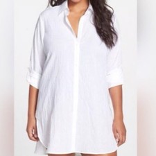 INC Sz L White Button Up Tunic Semi Sheer Cover Up Long Sleeves Dress Shirt