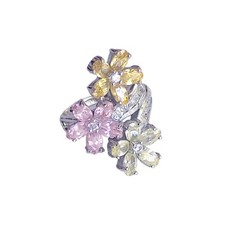 Flower Ring Multi-Colorful Floral Petals Sterling Silver Rhodium Plated Size 6