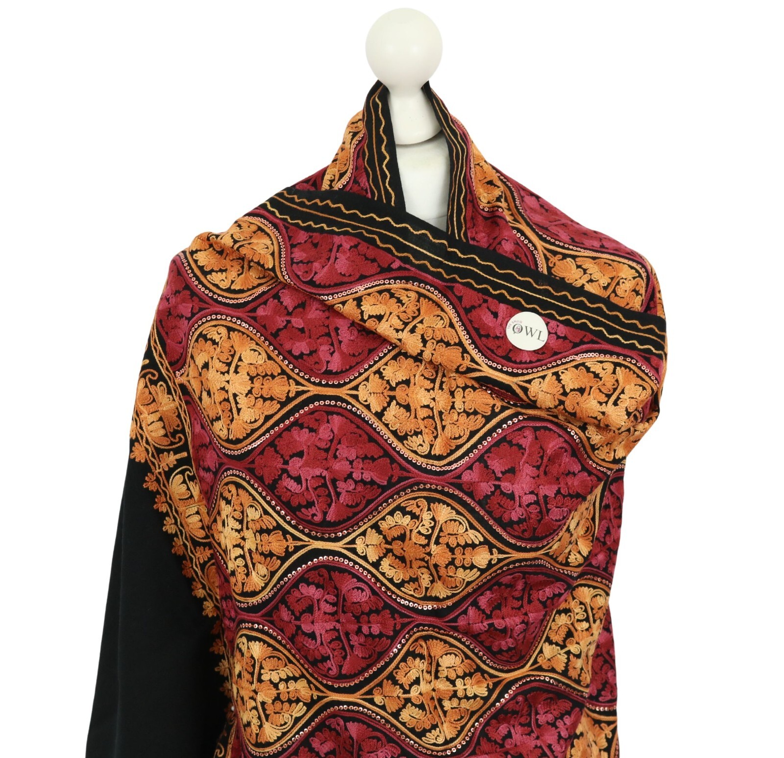 Pashmina Wool Shawl Wrap Black Reddish Pink Indian Embroidered Scarf Stole