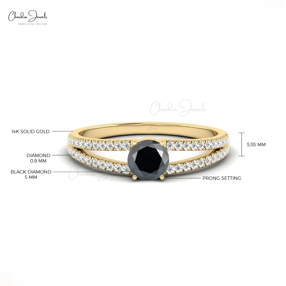 Auténtico anillo de promesa de vástago dividido de diamantes negros y diamantes G-H de 0,44 quilates de oro de 14 k Foto 4 de 4