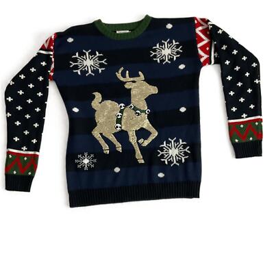 Joyin Navy Blue Deer Design Striped Ugly Christmas Sweater XL