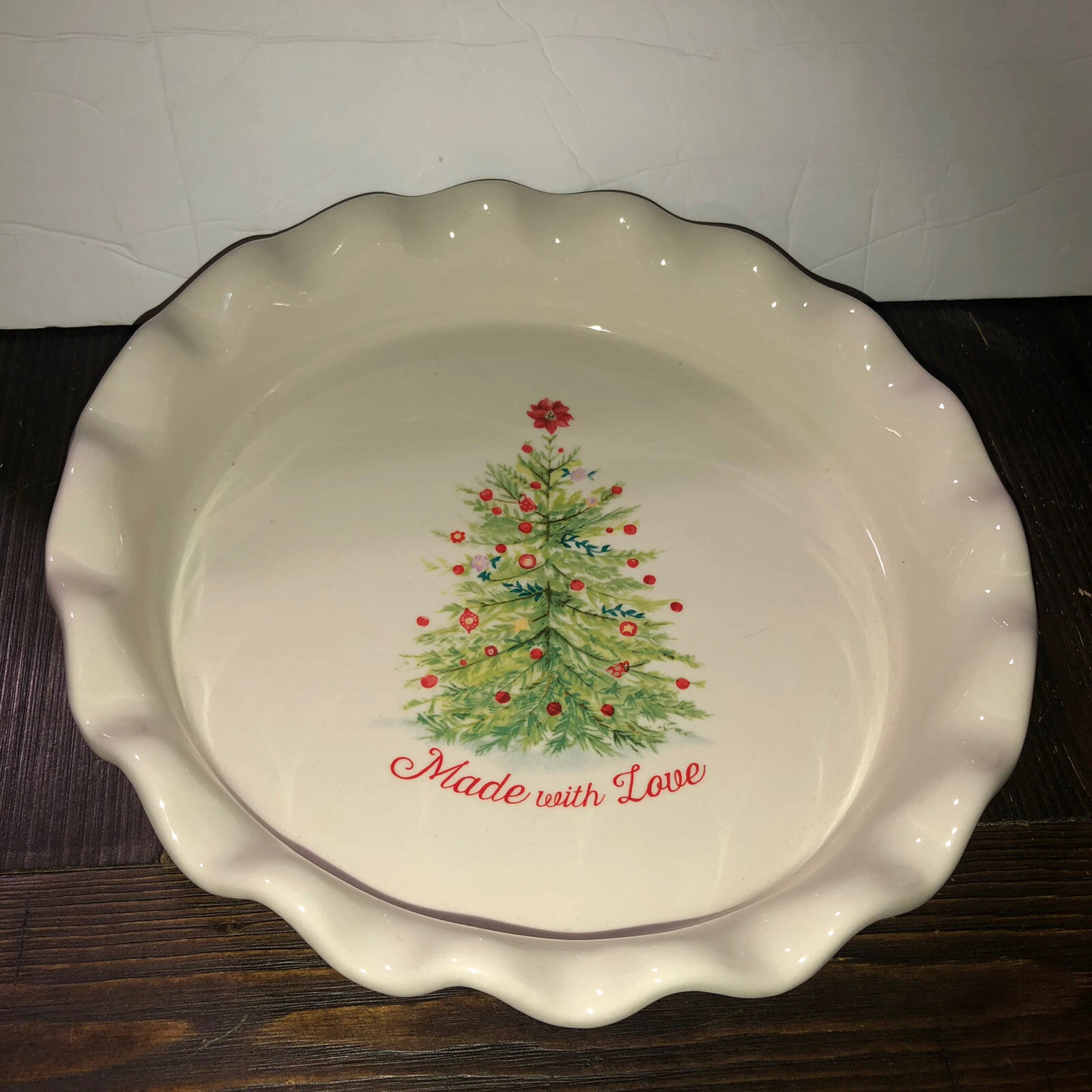 Pioneer Woman Ceramic Ruffle Top 9" Pie Plate Pan MADE WITH LOVE Holiday Cheer
