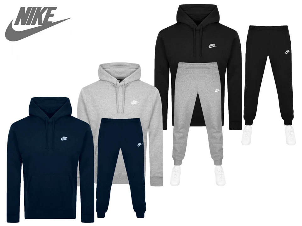 Mens Nike Club Logo Tracksuit Hoodie and Jogging Bottoms Set Black Navy or Grey - Image 2 of 3