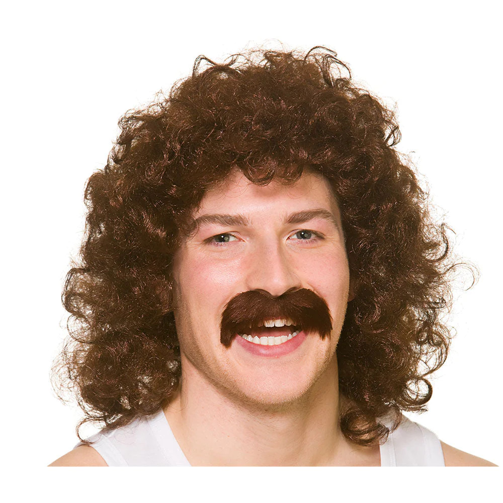 Peluca Perm para Hombres Años 60 70 + Bigote Discoteca Vestido Elegante Peluca Marrón
