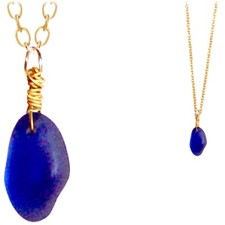 USA artisan Gold wire-wrap SEA GLASS Blue freeform pendant  free chain seaglass